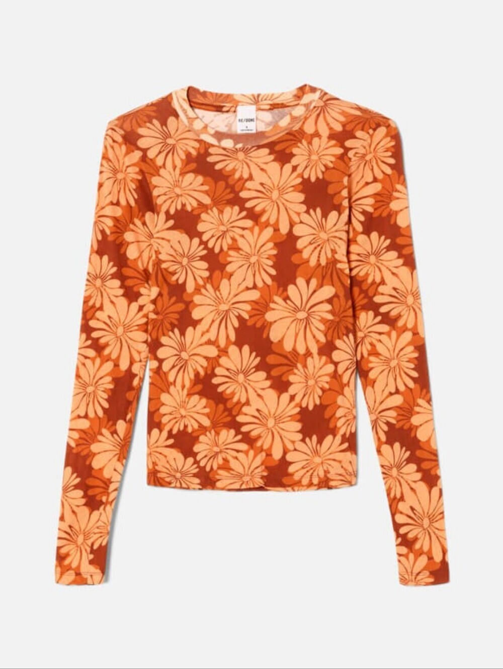 Re/Done Women's Long Sleeve Floral Crewneck Top - Burnt Orange and Peach